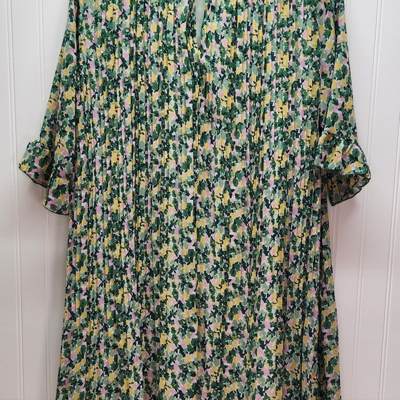 Melloday Floral Ruffle-Sleeve Pleated Dress - Green & Multicolor Print - Picture 11 of 15